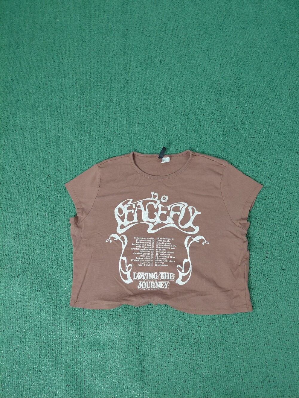 Womens H&M Be Peaceful "Loving The Journey" Positive Quote Brown Crop Top Sz XL